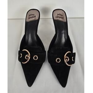 Jeffrey Campbell Black Suede Kitten Heel Pointed Toe Mule Buckle Sz 7